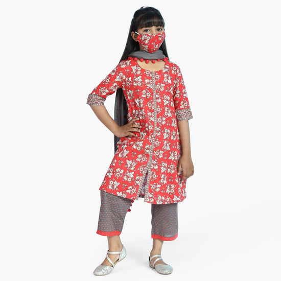 BIBA Girls Printed Kurta with Pants, Dupatta and Face Mask