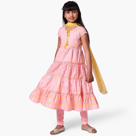 BIBA Girls Printed Tiered Kurta with Churidar and Dupatta