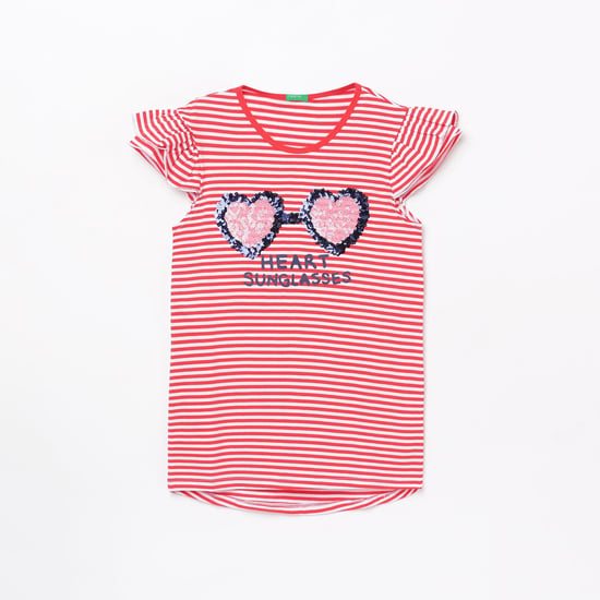 UNITED COLORS OF BENETTON Girls Striped Round Neck T-shirt