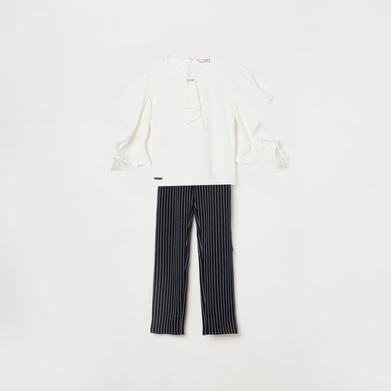 PEPPERMINT Girls Solid Round Neck Top with Striped Trousers