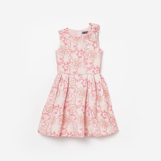 ALLEN SOLLY Girls Printed A-Line Dress with Bow Detail
