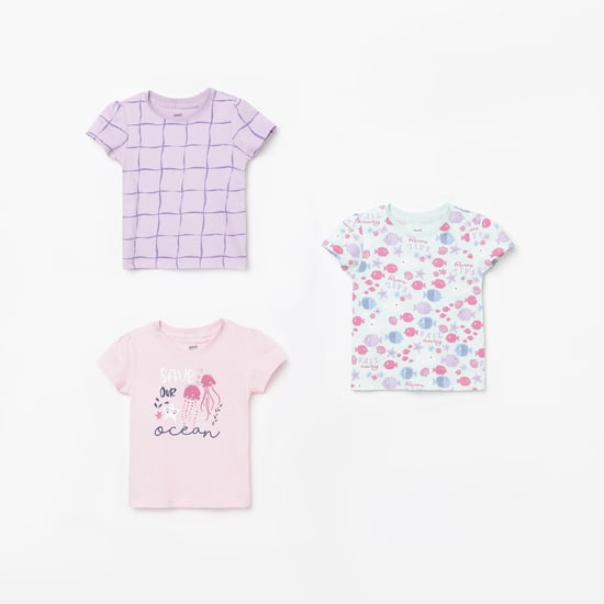 FS MINI KLUB Girls Printed Round Neck T-shirt - Pack of 3