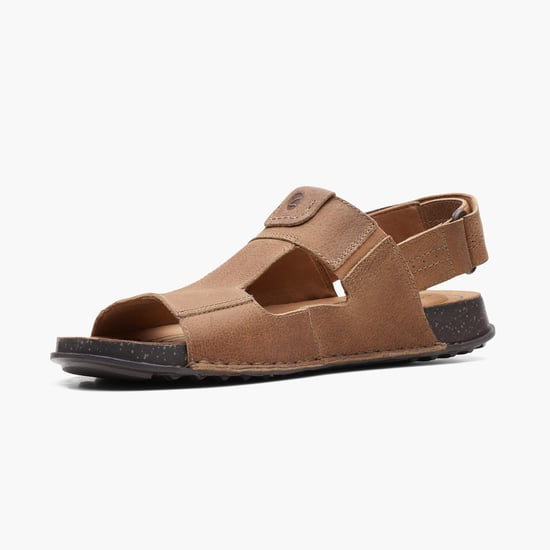 CLARKS Men Solid Leather Sandals with Velcro Strap Brown
