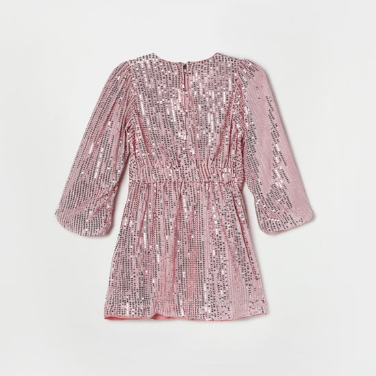 PEPPERMINT Girls Sequin Embellished V-neck Shift Dress Pink