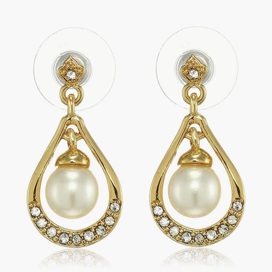 Gold drop embellished pearl shops and prehnite gem earrings.