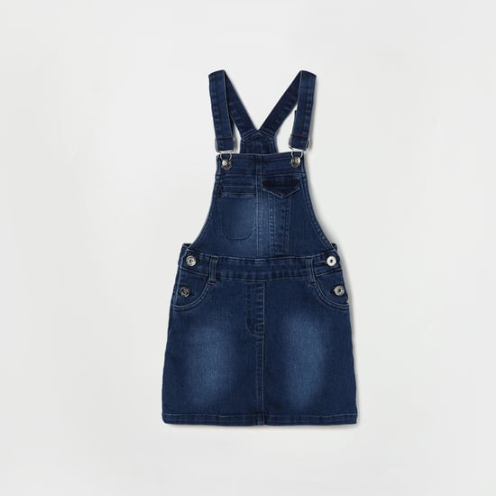 PEPPERMINT Girls Stonewashed Denim Dungaree Dress with Striped Top | Mustard