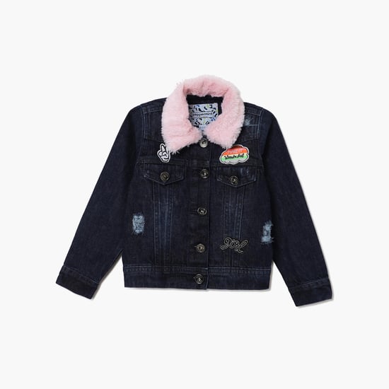 PEPPERMINT Girls Stonewashed Fur Lined Denim Jacket