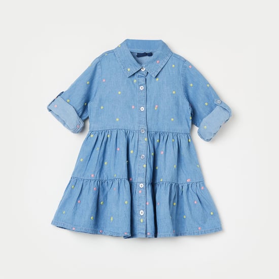 JUNIORS Girls Embroidered Spread Collar A-line Denim Dress | Blue JUNIORS Girls Embroidered Spread Collar A-line Denim Dress | Blue