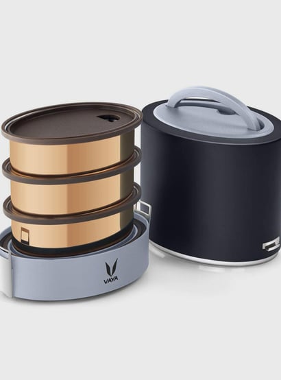 VAYA Tyffn Gold Colourblocked Stainless Steel Insulated Three-Tier Lunch Box - 1000ml