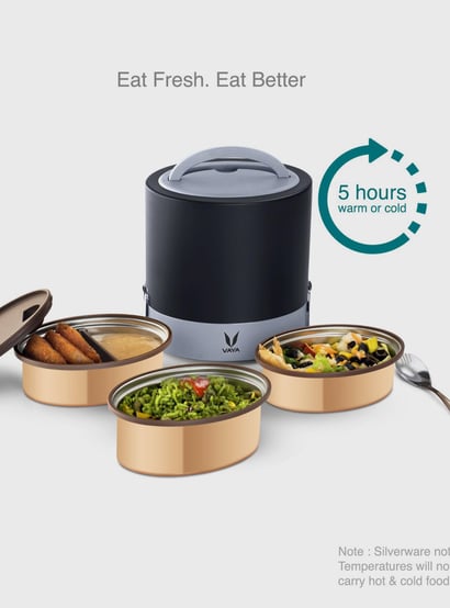 VAYA Tyffn Gold Colourblocked Stainless Steel Insulated Three-Tier Lunch Box - 1000ml