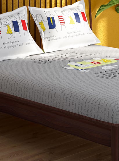 PORTICO Happiness Grey Printed Cotton Double Bedsheet Set - 224x254cm - 3Pcs