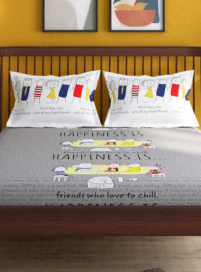 PORTICO Happiness Grey Printed Cotton Double Bedsheet Set - 224x254cm - 3Pcs