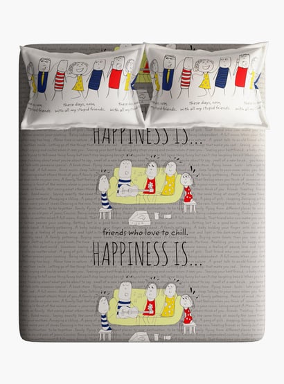 PORTICO Happiness Grey Printed Cotton Double Bedsheet Set - 224x254cm - 3Pcs