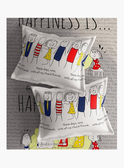 PORTICO Happiness Grey Printed Cotton Double Bedsheet Set - 224x254cm - 3Pcs