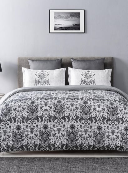 D'DECOR Slate Grey Printed Cotton Super King Bedsheet Set - 274x274cm - 3Pcs