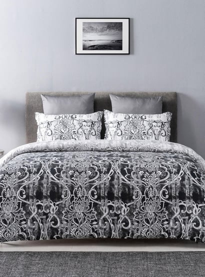 D'DECOR Slate Grey Printed Cotton Super King Bedsheet Set - 274x274cm - 3Pcs