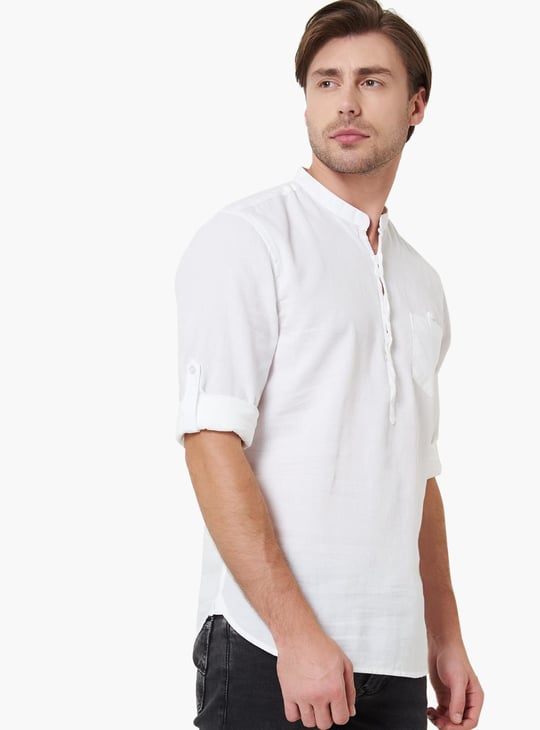 CELIO Solid Linen Mandarin Collar Shirt