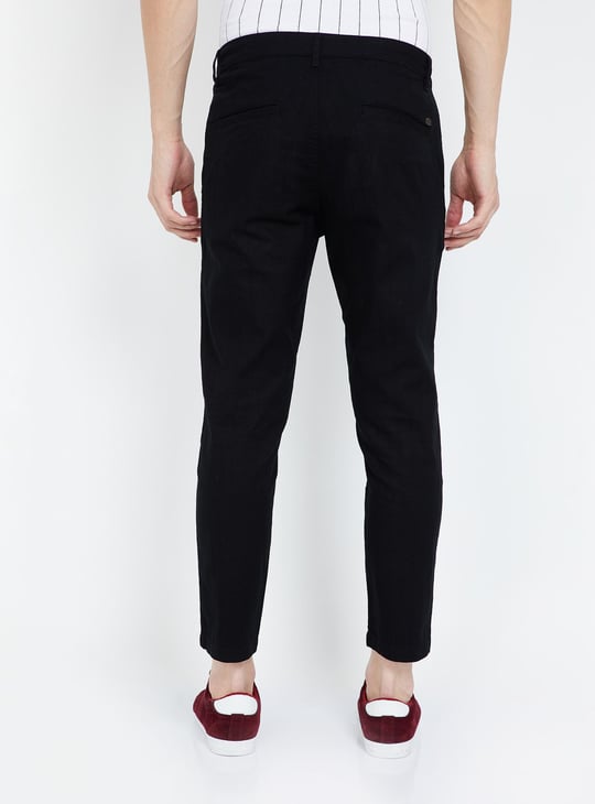 BOSSINI Solid Slim Fit Cropped Trousers with Key Chain Detail Black