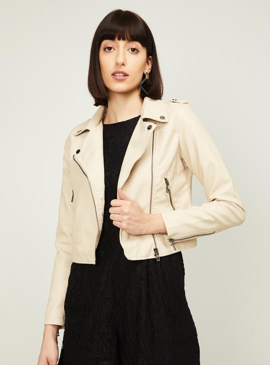 GINGER Women Solid Biker Jacket Beige