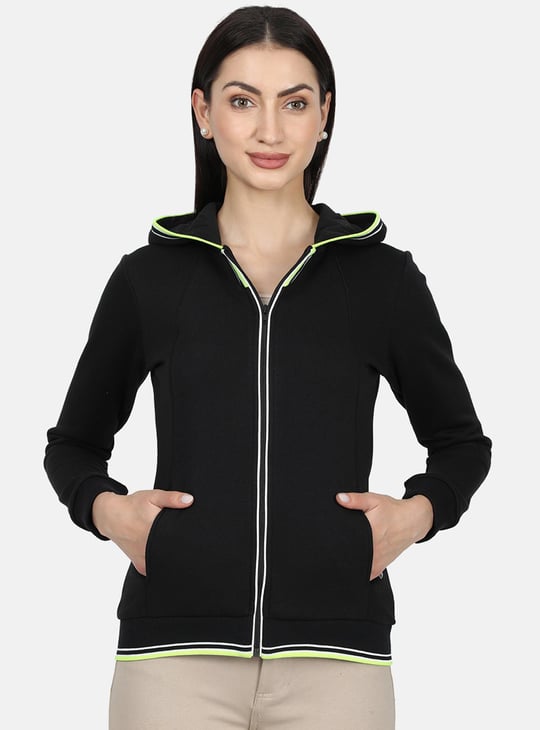 MONTE CARLO Women Solid Zip-Front Hoodie Black