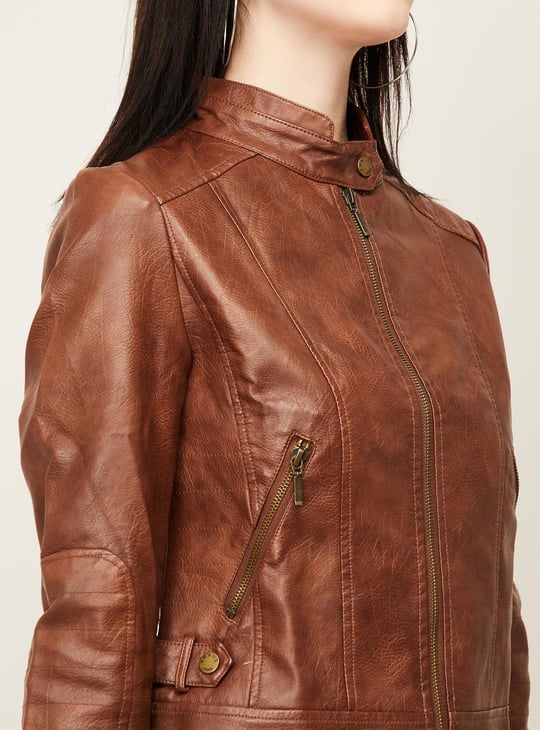 KRAUS Women Solid Biker Jacket Brown