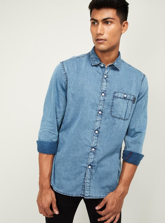 LP JEANS Men Washed Slim Fit Denim Shirt Blue