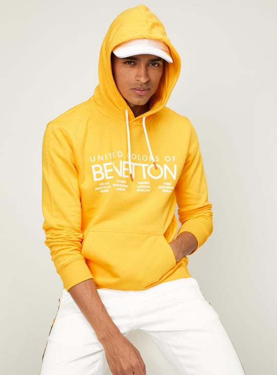 UNITED COLORS OF BENETTON Men Typographic Print Hoodie Yellow