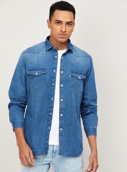 LP JEANS Men Solid Slim Fit Denim Shirt Blue - Main Image