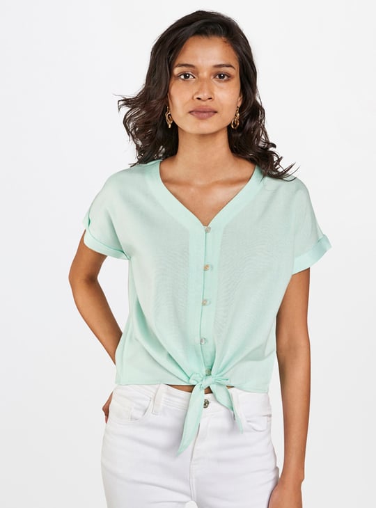 AND Women Solid Tie-Up Hem Crop Top | Green