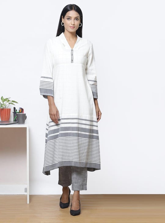 BIBA Women Striped Layered Kurta with Printed Straight Pants White