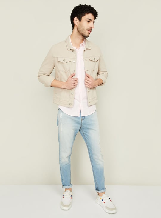 LP JEANS Men Solid Spread Collar Denim Jacket Beige