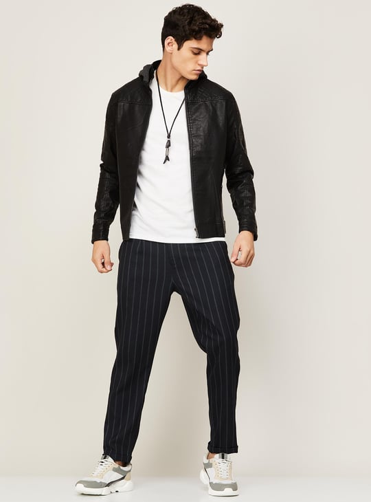 FORCA Men Solid Faux Leather Hooded Biker Jacket