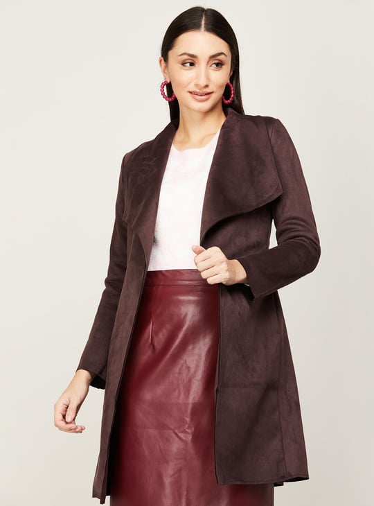 CODE Women Solid Waterfall Collar Longline Jacket
