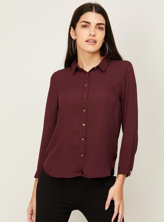 CODE Women Solid Full Sleeves Shirt Red Wine