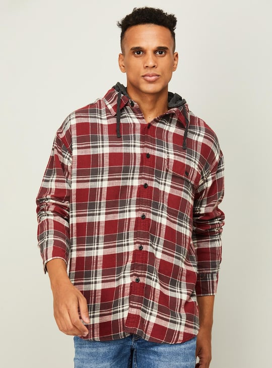 AMERICAN EAGLE Men Checked Full Sleeves Hooded Regular Fit Casual Shirt