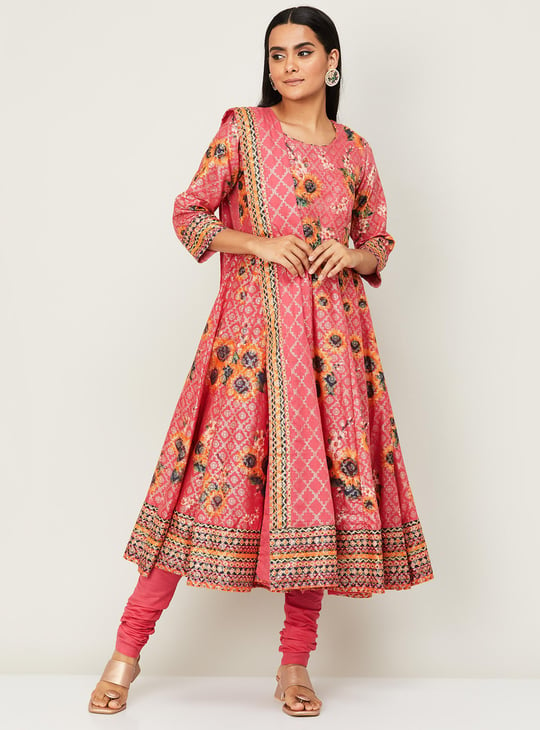 BIBA Women Printed Anarkali Kurta with Churidar Pants and Dupatta