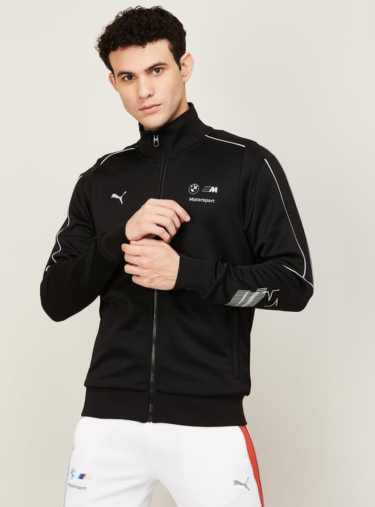 PUMA Men Printed Stand Collar Zip-Front Sports Jacket Black
