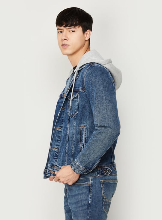 CELIO Men Stonewashed Full Sleeves Hooded Denim Jacket
