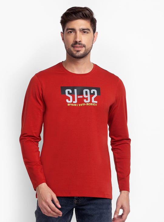 SPYKAR Men Typographic Printed Crew Neck Regular Fit T-shirt Red