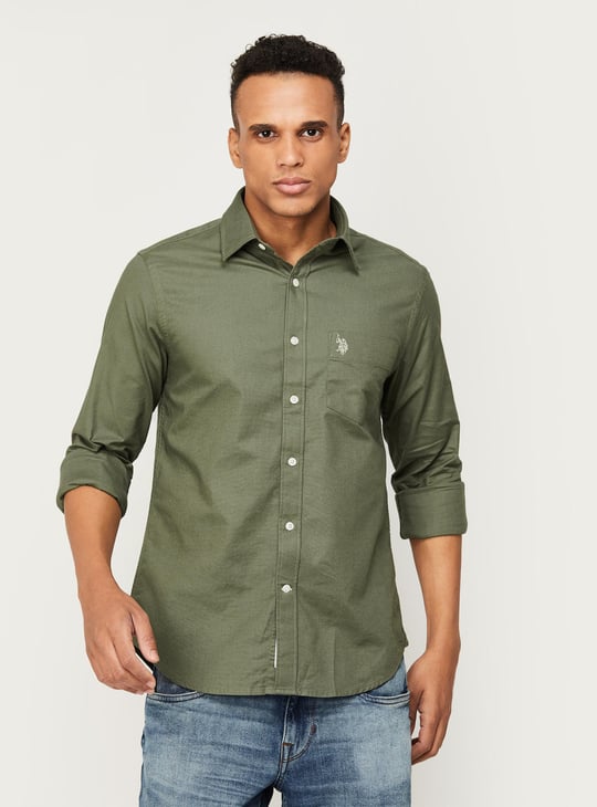 US POLO ASSN Men Solid Full Sleeves Regular Fit Casual Shirt