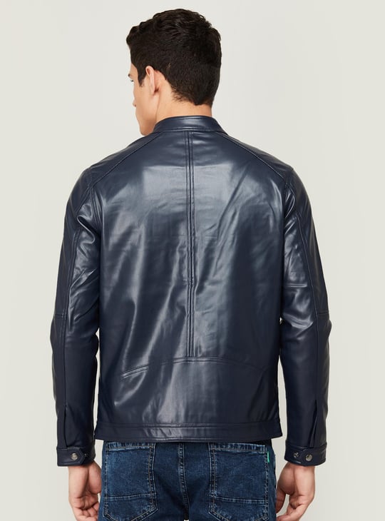 CELIO Men Solid Full Sleeves Zip Closure Leather Jacket Blue