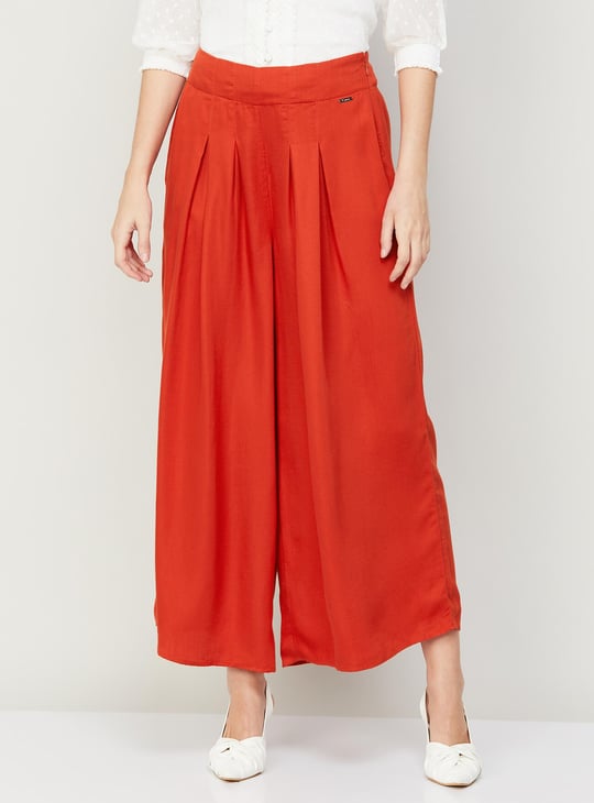 VAN HEUSEN Women Solid Pleated Wide-Leg Trousers