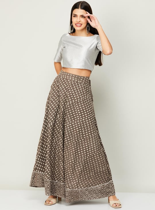 DE MOZA Women Printed Elasticated Ethnic A Line Skirt Grey