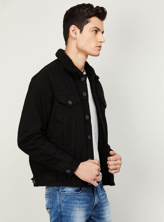 CELIO Men Solid Denim Jacket with Sherpa Collar