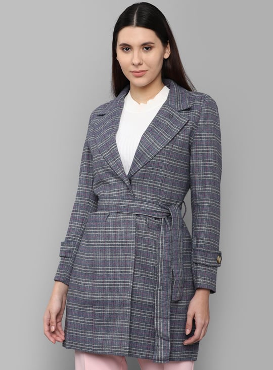 ALLEN SOLLY Women Checked Single-Breasted Trench Coat Grey