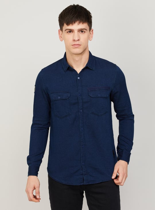 SPYKAR Men Solid Flap Pockets Regular Fit Denim Shirt Blue