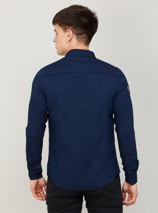 SPYKAR Men Solid Flap Pockets Regular Fit Denim Shirt Blue
