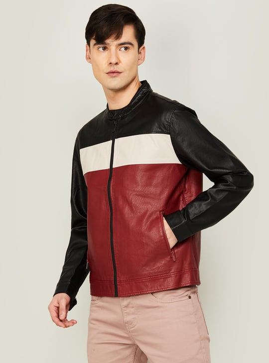 UNITED COLORS OF BENETTON Men Colourblock Band Collar Biker Jacket