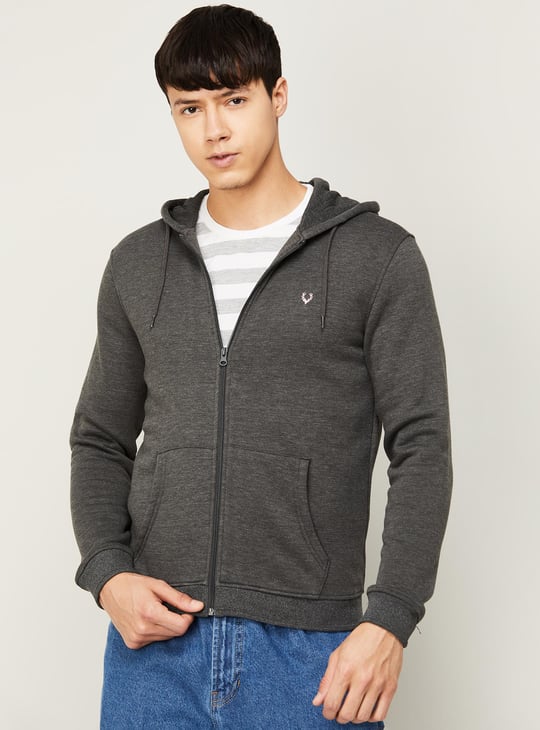 ALLEN SOLLY Men Textured Hooded Zipped Sweatshirt