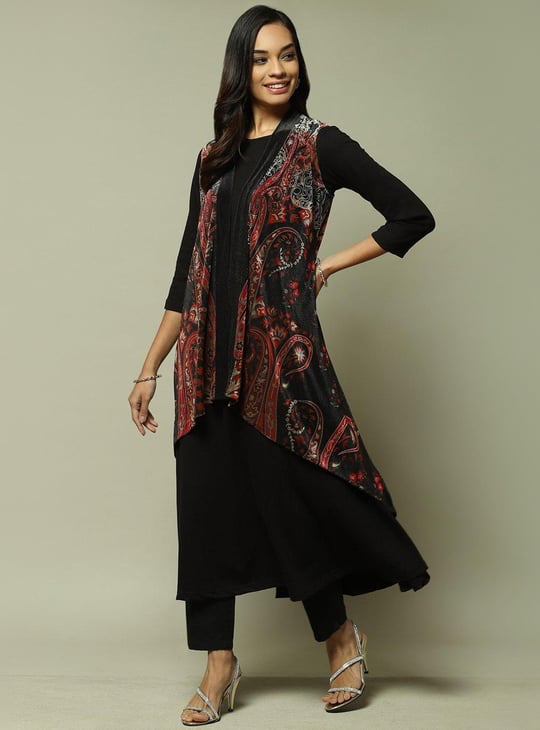 Biba Jacket Type Shrugs BIBA Women Solid A-line Kurta With Shrug Black